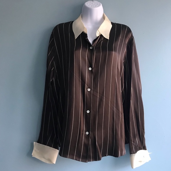 Neiman Marcus Tops - Neiman Marcus Chocolate Brown Ivory Off White Striped Long Sleeve Silk Shirt